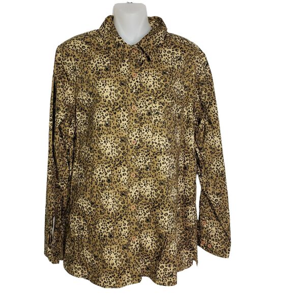 Quacker Factory Women Shirt Large LeopardPrint Stretch Rhinestone Studded Pocket - Picture 1 of 9